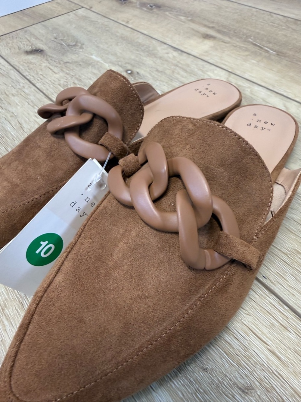 A New Day Brown Suede Chain-Accent Pointed Mules Women’s 10 Slip On Office - Picture 2 of 8